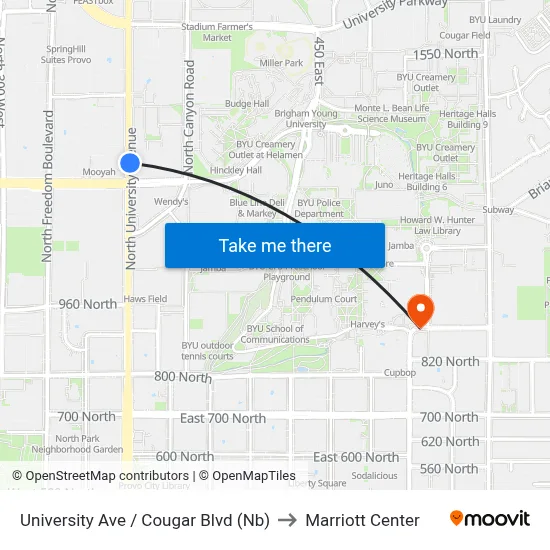 University Ave / Cougar Blvd (Nb) to Marriott Center map