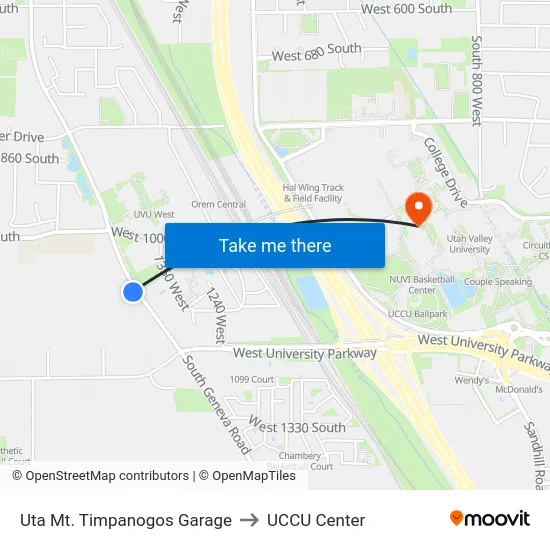 Uta Mt. Timpanogos Garage to UCCU Center map