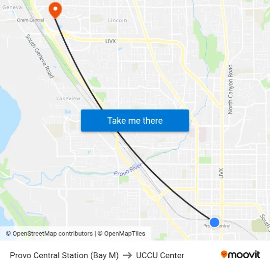 Provo Central Station (Bay M) to UCCU Center map