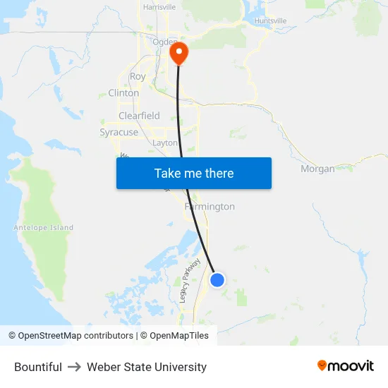 Bountiful to Weber State University map
