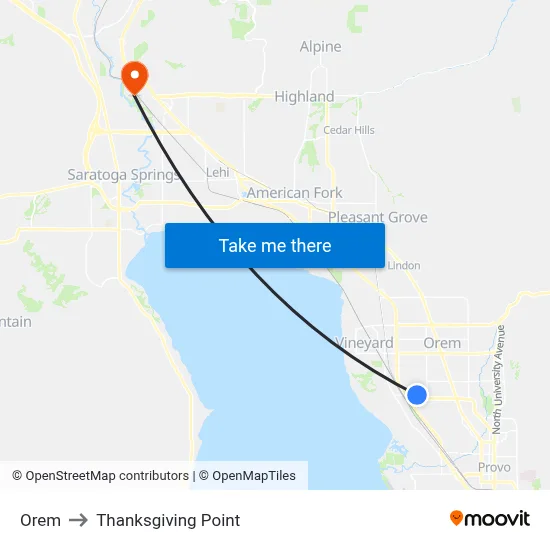 Orem to Thanksgiving Point map