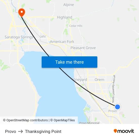Provo to Thanksgiving Point map