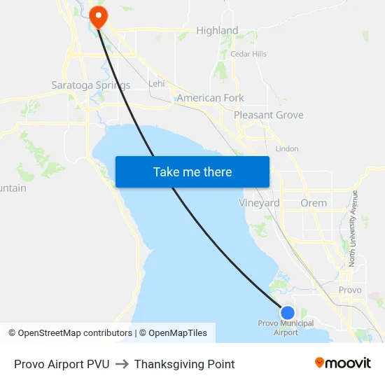 Provo Airport PVU to Thanksgiving Point map