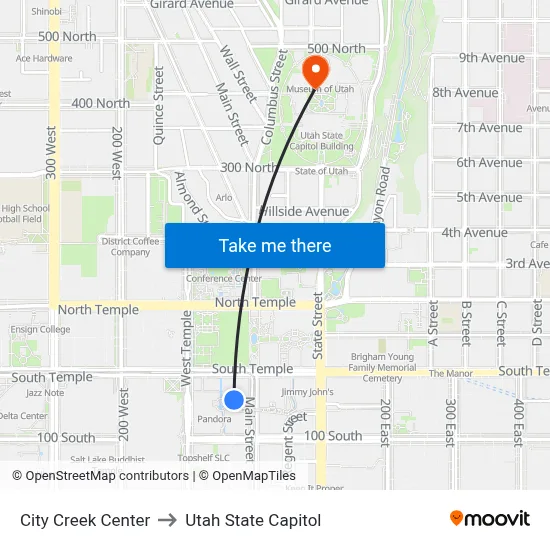 City Creek Center to Utah State Capitol map