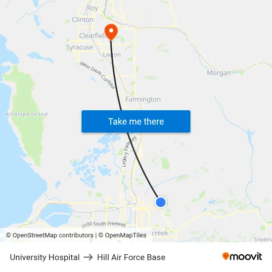 University Hospital to Hill Air Force Base map