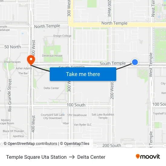 Temple Square Uta Station to Delta Center map