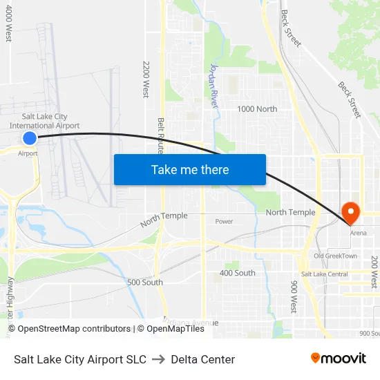 Salt Lake City Airport SLC to Delta Center map