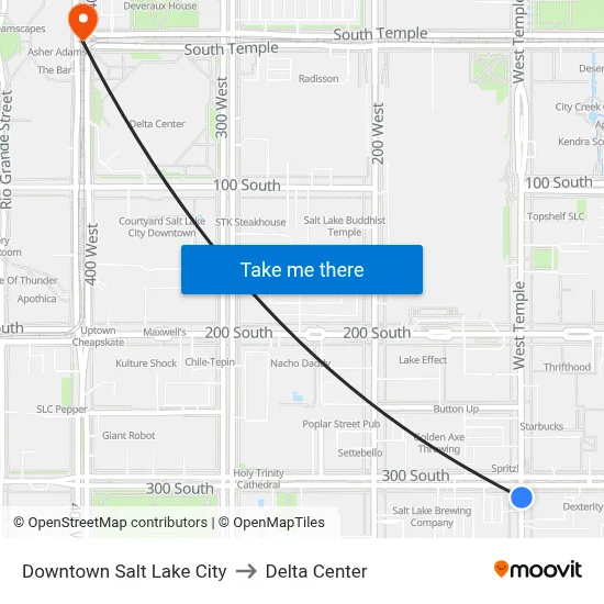 Downtown Salt Lake City to Delta Center map