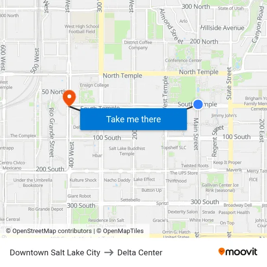 Downtown Salt Lake City to Delta Center map