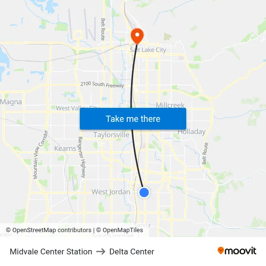 Midvale Center Station to Delta Center map