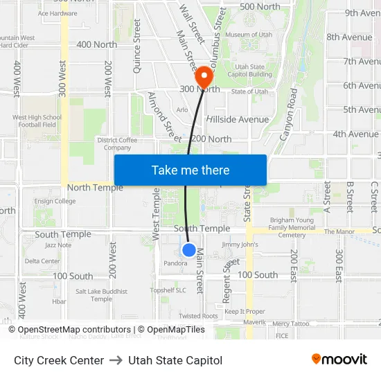 City Creek Center to Utah State Capitol map
