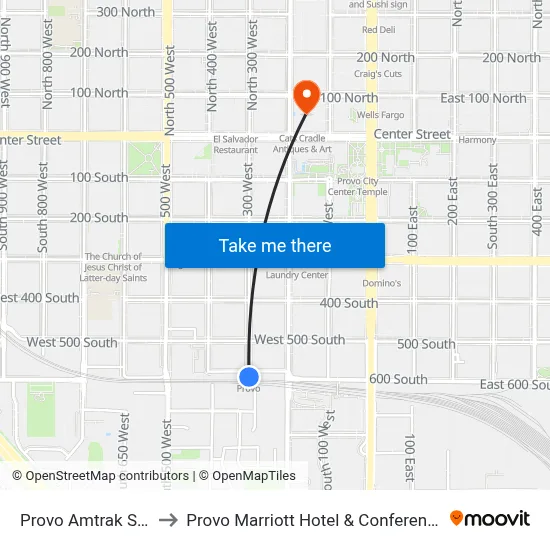 Provo Amtrak Station to Provo Marriott Hotel & Conference Center map