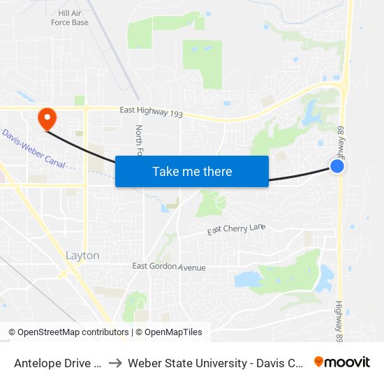 Antelope Drive P+R to Weber State University - Davis Campus map