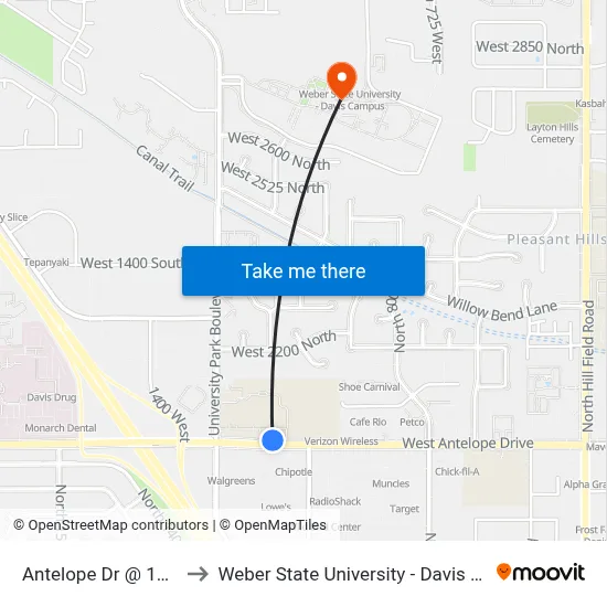 Antelope Dr @ 1078 W to Weber State University - Davis Campus map