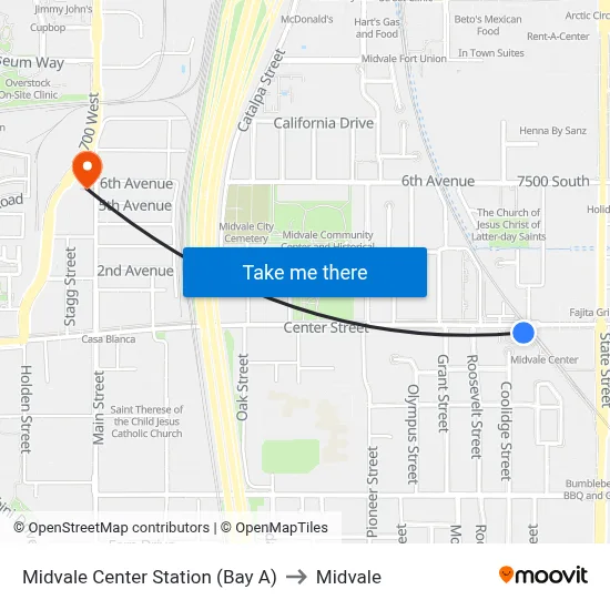 Midvale Center Station (Bay A) to Midvale map
