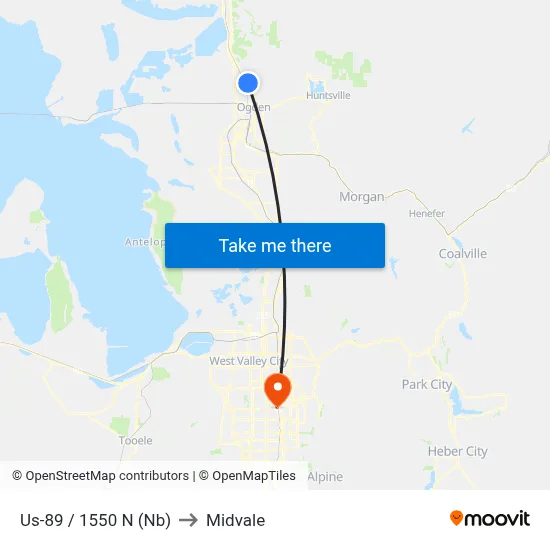 Us-89 / 1550 N (Nb) to Midvale map