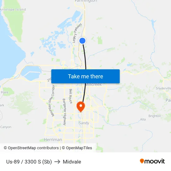 Us-89 / 3300 S (Sb) to Midvale map
