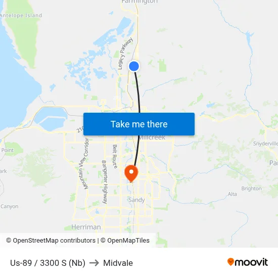 Us-89 / 3300 S (Nb) to Midvale map