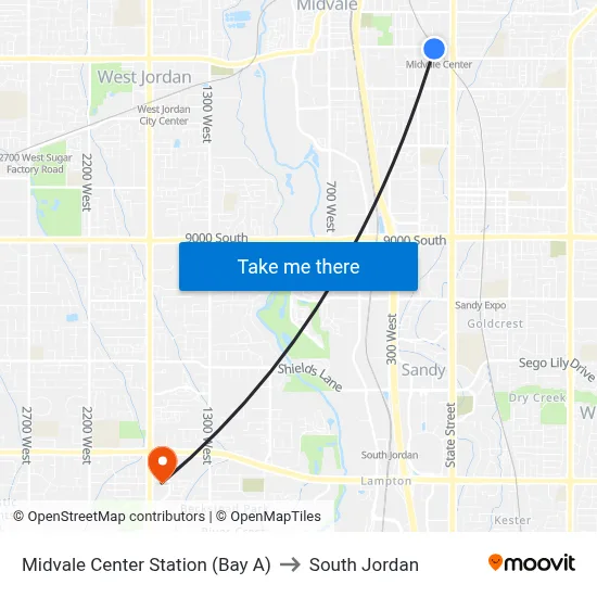 Midvale Center Station (Bay A) to South Jordan map