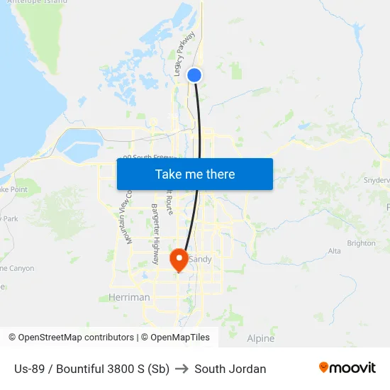 Us-89 / Bountiful 3800 S (Sb) to South Jordan map
