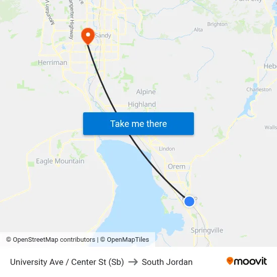 University Ave / Center St (Sb) to South Jordan map