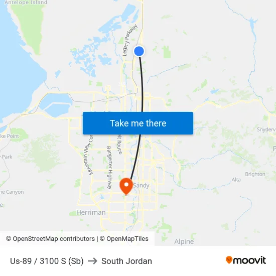 Us-89 / 3100 S (Sb) to South Jordan map
