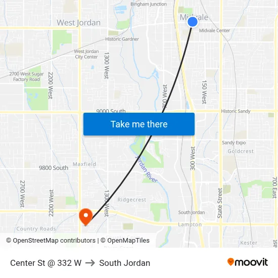 Center St @ 332 W to South Jordan map