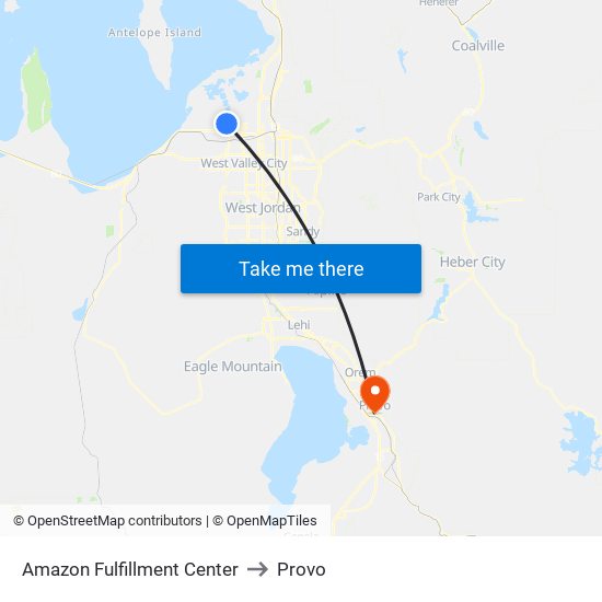 Amazon Fulfillment Center to Provo map