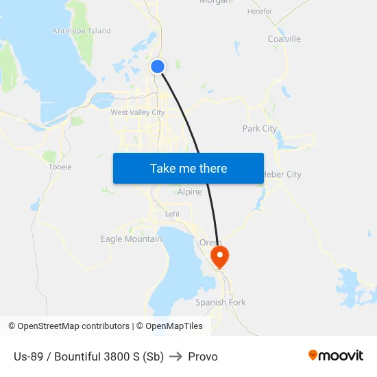 Us-89 / Bountiful 3800 S (Sb) to Provo map