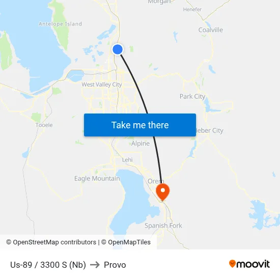 Us-89 / 3300 S (Nb) to Provo map