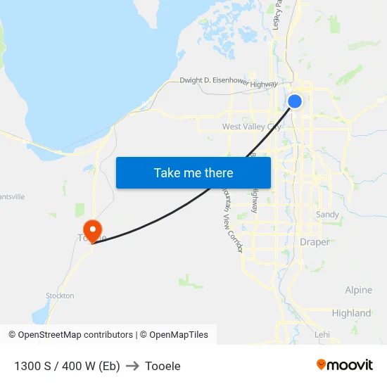 1300 S / 400 W (Eb) to Tooele map