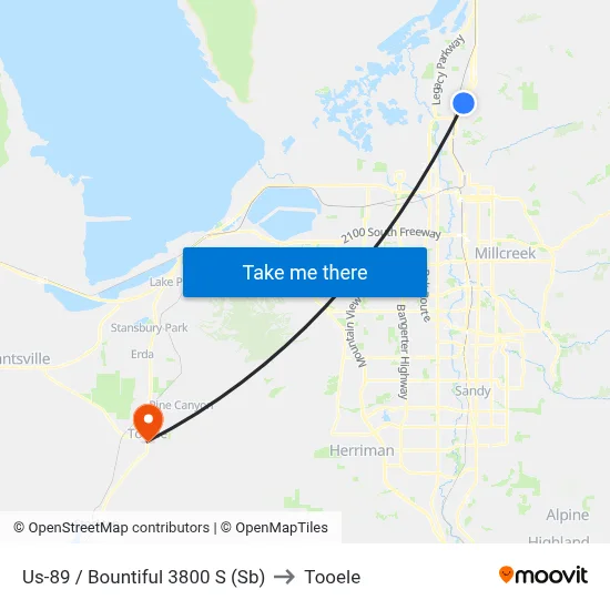Us-89 / Bountiful 3800 S (Sb) to Tooele map