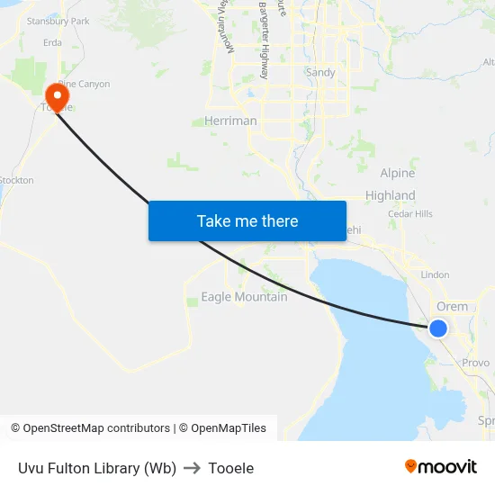 Uvu Fulton Library (Wb) to Tooele map