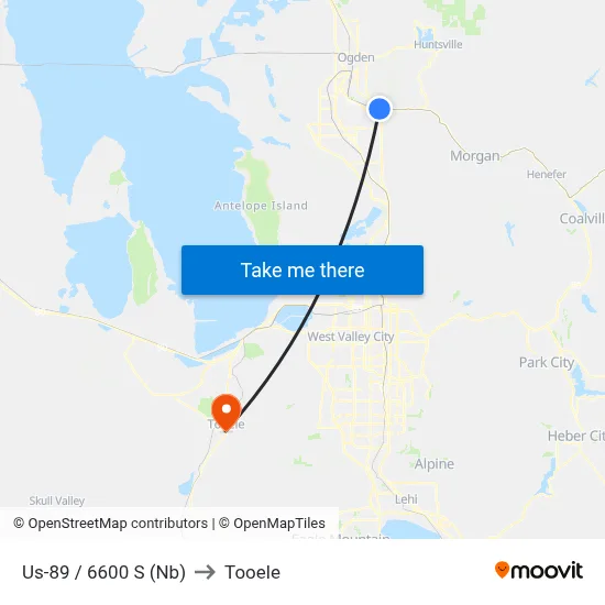 Us-89 / 6600 S (Nb) to Tooele map
