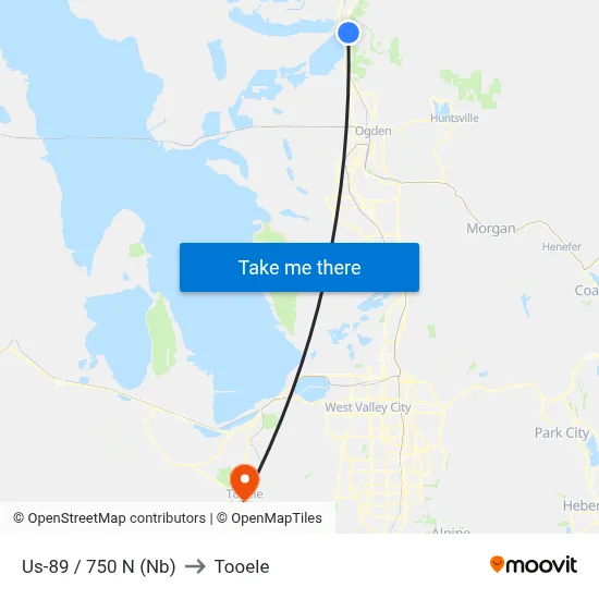 Us-89 / 750 N (Nb) to Tooele map