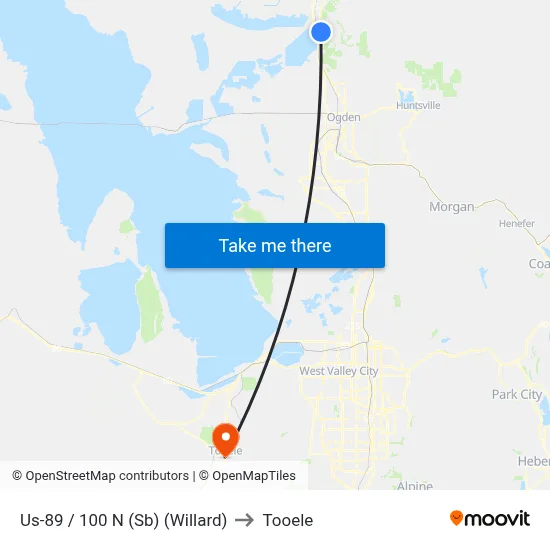 Us-89 / 100 N (Sb) (Willard) to Tooele map