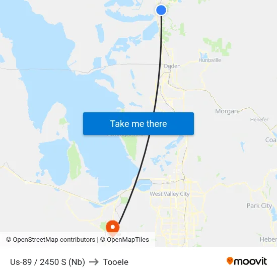 Us-89 / 2450 S (Nb) to Tooele map