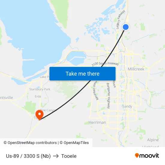 Us-89 / 3300 S (Nb) to Tooele map