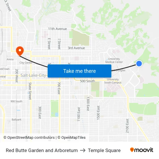 Red Butte Garden and Arboretum to Temple Square map