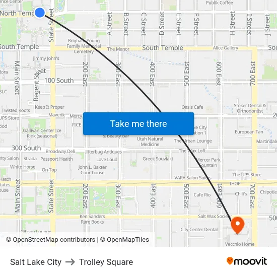 Salt Lake City to Trolley Square map