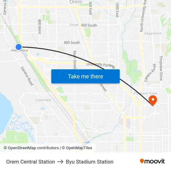 Orem Central Station to Byu Stadium Station map