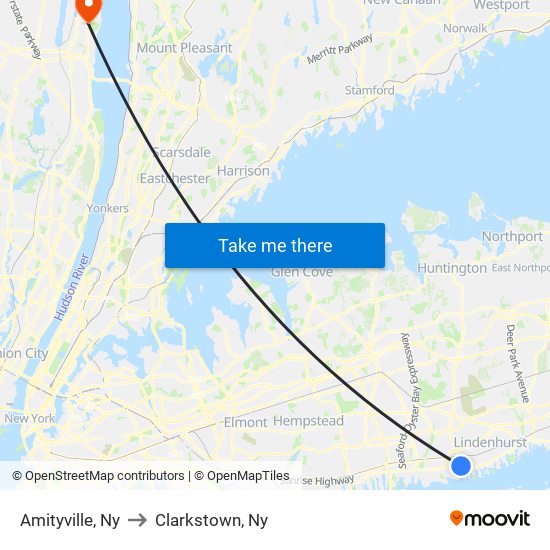 Amityville, Ny to Clarkstown, Ny map