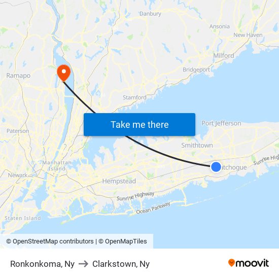 Ronkonkoma, Ny to Clarkstown, Ny map