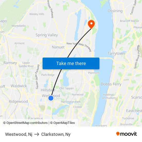 Westwood, Nj to Clarkstown, Ny map