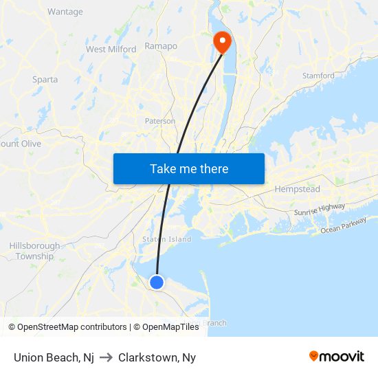 Union Beach, Nj to Clarkstown, Ny map