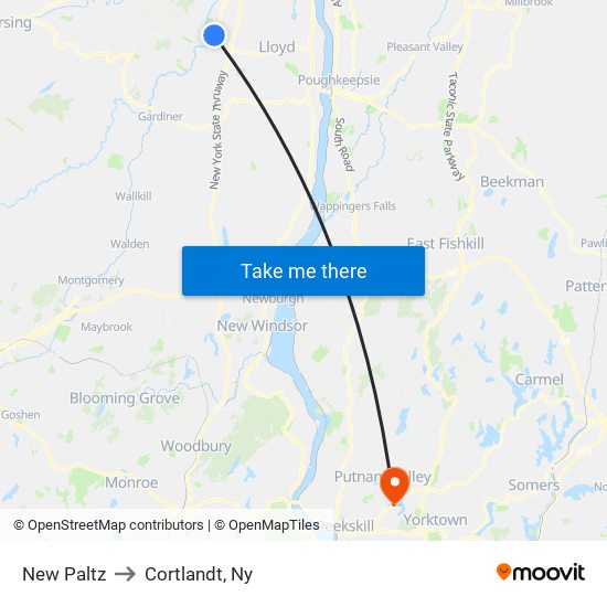 New Paltz to Cortlandt, Ny map