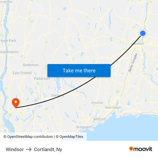 Windsor to Cortlandt, Ny map