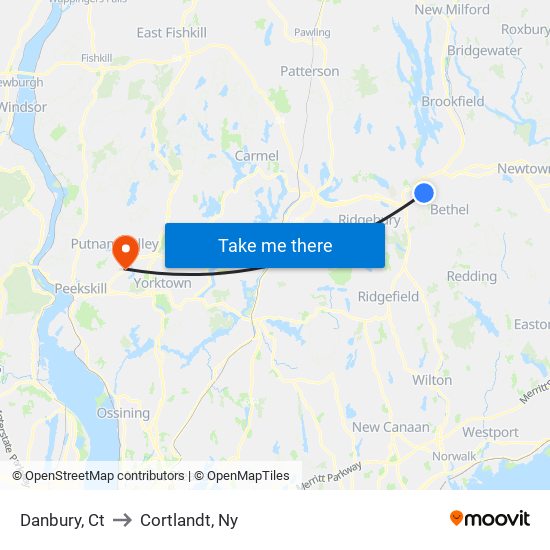 Danbury, Ct to Cortlandt, Ny map