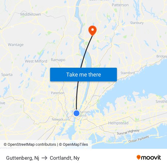 Guttenberg, Nj to Cortlandt, Ny map