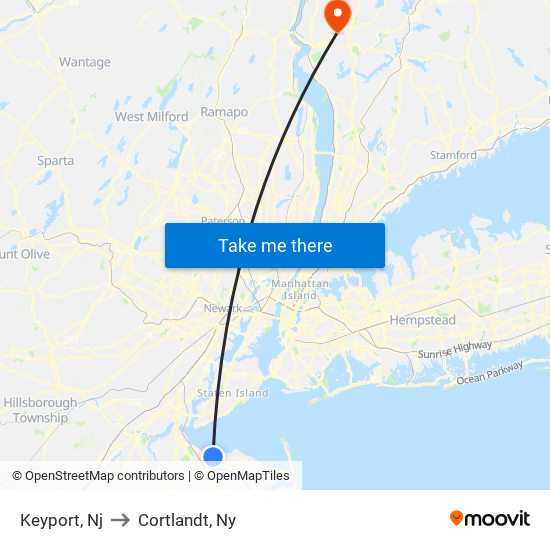 Keyport, Nj to Cortlandt, Ny map